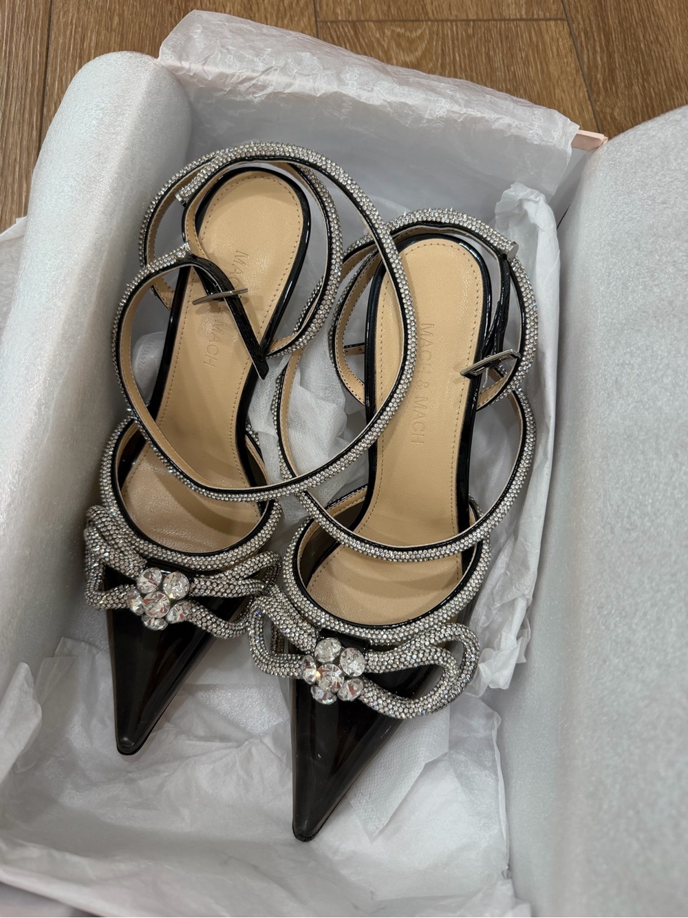 Crystal-Embellished Black Pointed Toe Women's Heels